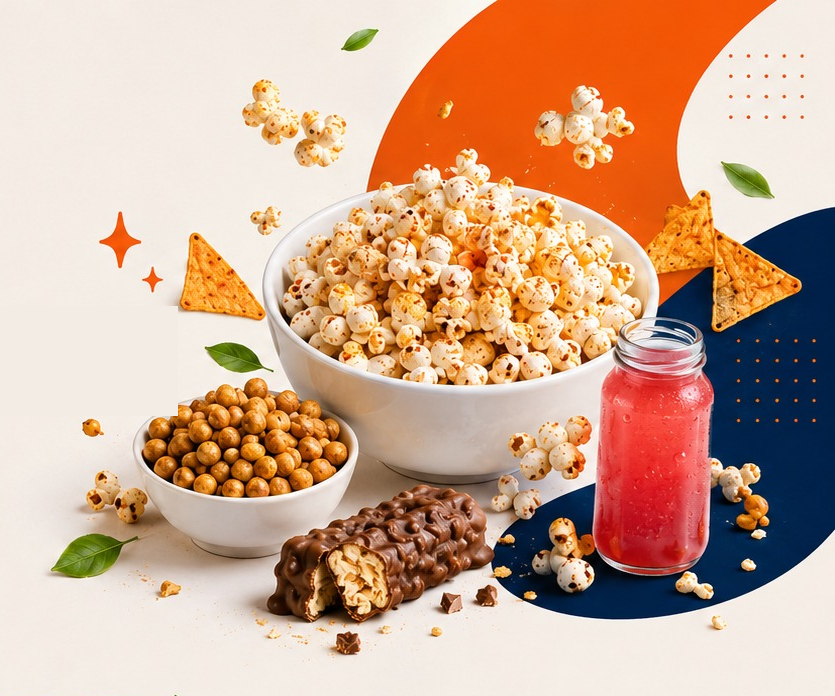 Popcorn, coated puffs, chips, chocolate bars and a fruit beverage from Sparclet Foods